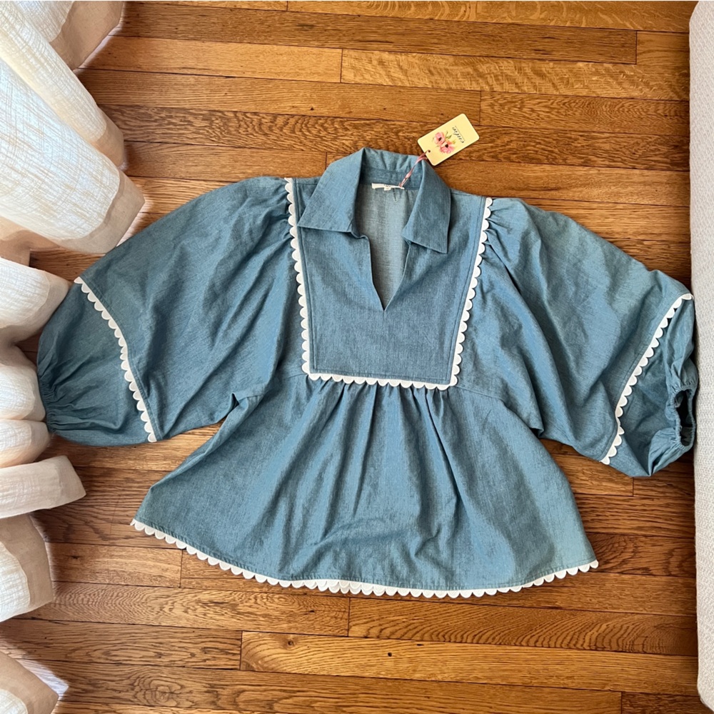 Anthropologie Blue Puff Sleeve Peasant Top with White Trim